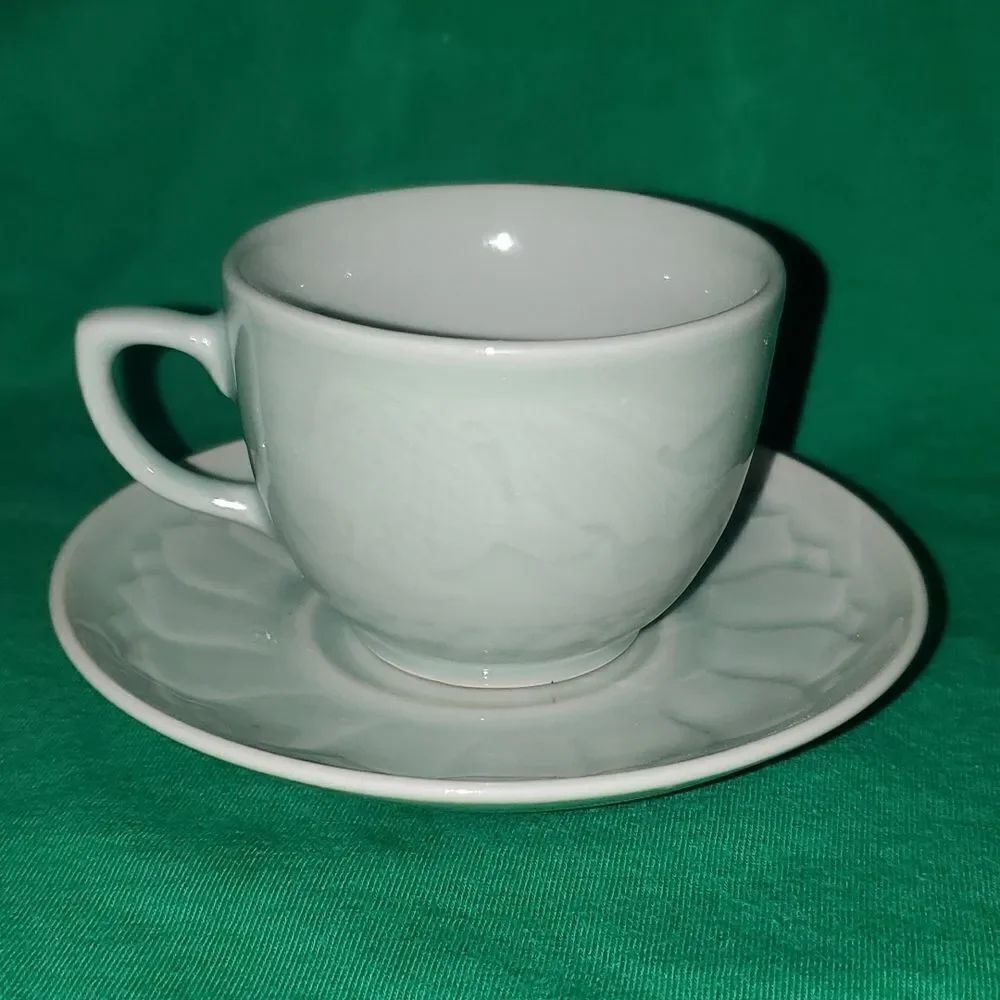 Vintage Longquan Celadon Koi Carp Fish Tea Cup Saucer 6 0z.